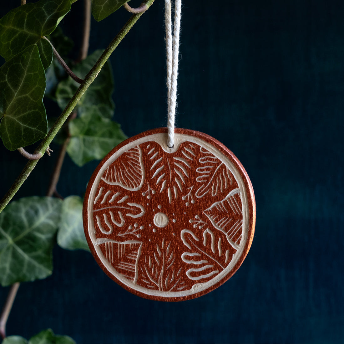 Woodcut ornament: Moon & Foliage