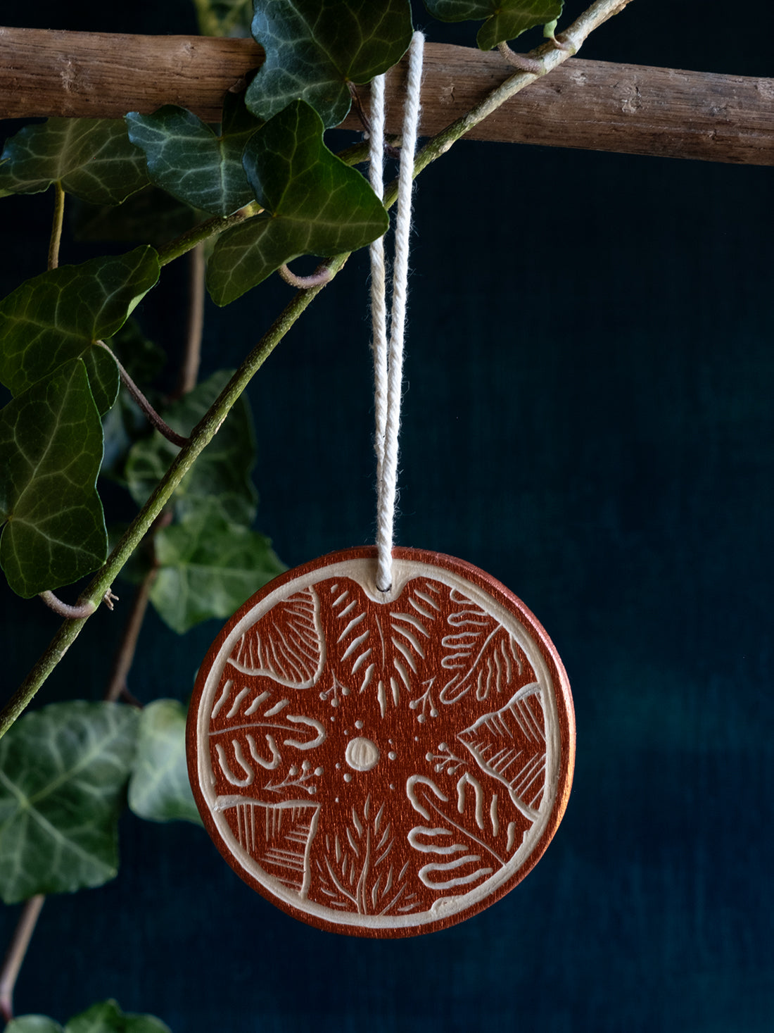 Woodcut ornament: Moon & Foliage